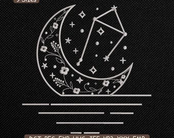 Libra Constellation Moon Embroidery Design, Zodiac Crescent Stars Machine Embroidery File – DST PES JEF, 9 Sizes