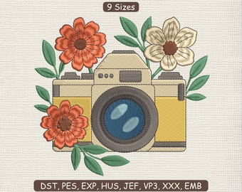 Vintage Floral Camera Embroidery Design Machine File | Photography Lover Photographer Retro Camera Embroidery DST PES File | Camera 9 Sizes