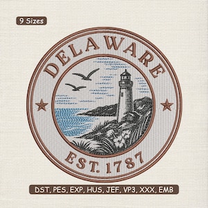 May include: Embroidered patch featuring a lighthouse on a rocky coast with seagulls and the text "DELAWARE EST. 1787" in a circular design. The patch has a brown border and star accents. The background is a light beige color.