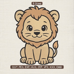 May include: A cartoon lion embroidery design with a tan body, brown mane, and black outlines. The lion has large, round eyes and a small tail. The text "9 Sizes" is at the top, and "DST, PES, EXP, HUS, JEF, VP3, XXX, EMB" is at the bottom.