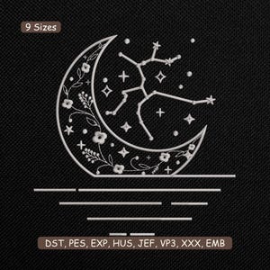 May include: White embroidered design on a black background. The design features a crescent moon with floral details, a constellation, stars, and horizontal lines. The text "9 Sizes" is at the top, and "DST, PES, EXP, HUS, JEF, VP3, XXX, EMB" is at the bottom.