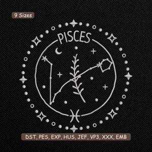 May include: White embroidered Pisces zodiac design on a black background. The design includes the word "PISCES", constellations, stars, and a crescent moon within a circular frame. The image also includes the text "9 Sizes" and embroidery file formats.
