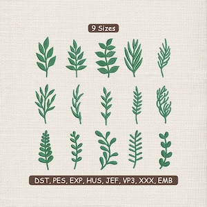 Puede incluir: Una colección de diseños de bordado de hojas verdes. La imagen muestra 12 patrones de hojas diferentes, cada uno con detalles intrincados. El texto "9 Sizes" está en la parte superior, y los formatos de archivo "DST, PES, EXP, HUS, JEF, VP3, XXX, EMB" están en la parte inferior.