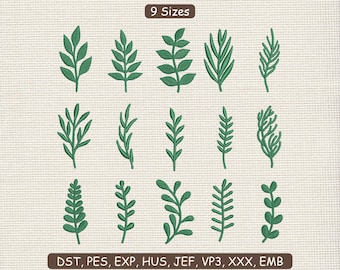 15 Green Leaves Embroidery Bundle Deisgn : Machine File Patch Pattern DST PES | 9 Sizes | Instant Download