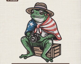 Patriotic Frog With Camera Embroidery Design, USA Animal 4th of July Machine Embroidery File – EXP VP3, Multi Size Included