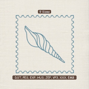 May include: A blue seashell embroidery design on a cream background, framed by a scalloped border. The text "9 Sizes" is at the top, and "DST, PES, EXP, HUS, JEF, VP3, XXX, EMB" is at the bottom of the image.
