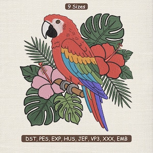 Può includere: Design ricamato con un pappagallo colorato posato su un ramo, circondato da fiori e foglie tropicali. Il pappagallo ha piume rosse, gialle, blu e verdi. Il testo "9 Sizes" è in alto. Il testo "DST, PES, EXP, HUS, JEF, VP3, XXX, EMB" è in basso.