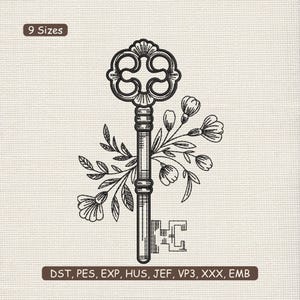 May include: Black and white embroidered key design with floral accents. The key has an ornate head and a detailed stem, with flowers and leaves. The text "9 Sizes" is in the upper left corner. The text "DST, PES, EXP, HUS, JEF, VP3, XXX, EMB" is at the bottom.