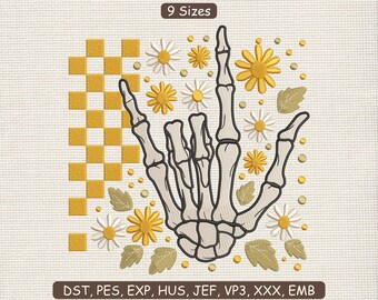 Floral Hand Skeleton Embroidery Design : Halloween Machine File Pattern DST PES | 9 Sizes | Instant Download