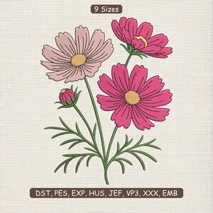 May include: An embroidered floral design featuring pink and light pink cosmos flowers with yellow centers and green stems and leaves. The design includes a flower bud. The text "9 Sizes" is at the top, and embroidery file formats are listed at the bottom.