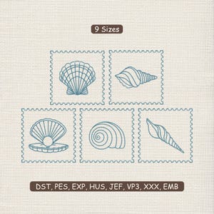 May include: An image featuring five blue seashell designs within square frames with a scalloped edge. The text "9 Sizes" is above the designs, and "DST, PES, EXP, HUS, JEF, VP3, XXX, EMB" is below.