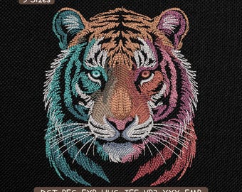 Neon Colorful Tiger Head Embroidery Design, wild Animal Machine Embroidery Pattern – Multi Size Included