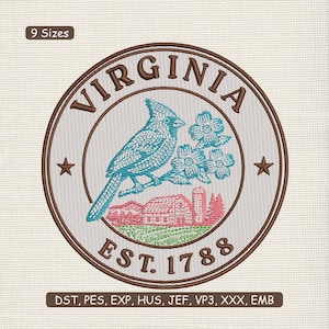 Puede incluir: Parche bordado con un cardenal turquesa, una escena de granja y el texto "VIRGINIA EST. 1788" en un diseño circular. El diseño incluye dos estrellas y un borde marrón. Ideal para bordar.