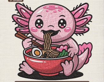 Motif de broderie Kawai Axolotl Ramen, fichier Machine à broder animaux drôles de nouilles – DST PES VP3, 9 tailles