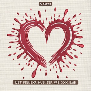 以下が含まれることがあります： テクスチャード加工された生地に刺繍された、スプラッシュ効果のある赤いハートのデザイン。「9 Sizes」の文字と刺繍ファイル形式がデザインに含まれています。ハートは白で縁取られています。
