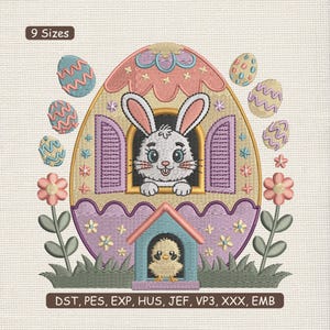 May include: An Easter-themed embroidery design featuring a white bunny peeking out of a decorated egg-shaped house. The design includes a chick in a small house, Easter eggs, flowers, and the text "9 Sizes". The design is in various formats.