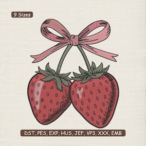 May include: Embroidered design featuring two red strawberries with green leaves and stems, tied together with a pink bow. The text "9 Sizes" and file type abbreviations are also present.