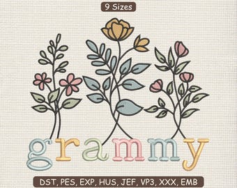 Floral Grammy Embroidery Pattern | Flower Grandma Embroidery Design Patch Machine File DST PES