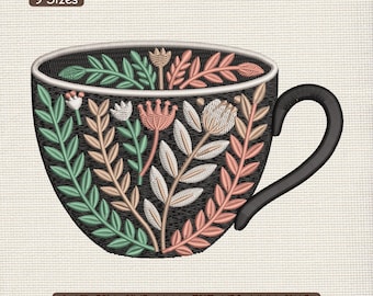 May include: Embroidered design of a black teacup with a black handle, filled with colorful floral patterns in shades of green, peach, white, and tan. The text "9 Sizes" is at the top, and "DST, PES, EXP, HUS, JEF, VP3, XXX, EMB" is at the bottom.