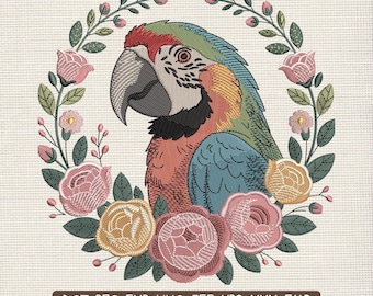 Boho Parrot Floral Wreath Embroidery Design, Tropical Bird Botanical Embroidery Machine File – PES VP3 JEF, 9 Sizes