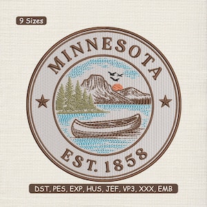 May include: Embroidered patch featuring a circular design with "MINNESOTA" at the top and "EST. 1858" at the bottom. The design includes a lake, mountains, trees, a canoe, and a setting sun. Two stars flank the central image.