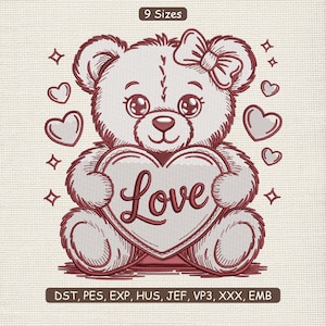 Può includere: Design ricamato di un orsacchiotto rosso e bianco. L'orso tiene in mano un cuore con la scritta "Love". Il design include cuori, stelle e un fiocco. Il testo "9 Sizes" è in alto. Ideale per progetti di ricamo.