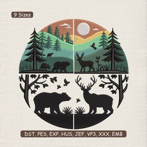 May include: Embroidered design featuring a forest scene with bears, deer, trees, and birds. The design is divided into four sections, with a color gradient in the top half and silhouettes in the bottom half. The text "9 Sizes" is at the top.