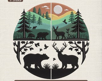 Broderidesign med skogshjort och björn, broderilapp med skogsdjur och djurliv – DST PES XXX, 9 storlekar