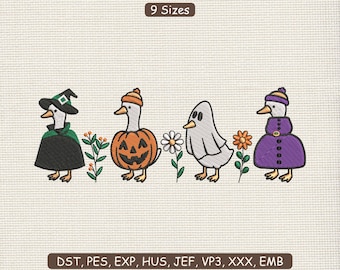 Halloween Goose Embroidery Design | Cute Witch Pumpkin Ghost Goose Embroidery Machine File | Fall Animal Stitch Pattern DST PES 9 Sizes