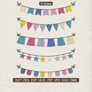 May include: An image showcasing five rows of colorful bunting flags and star-shaped decorations. The bunting features various shapes and colors, including blue, pink, yellow, and light purple. The text "9 Sizes" is at the top, and "DST, PES, EXP, HUS, JEF, VP3, XXX, EMB" is at the bottom.