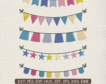 Party Bunting Banner Embroidery Bundle, Pennant Flags and Star Garland Set, Birthday Baby Shower Machine Embroidery DST PES HUS, 9 Sizes