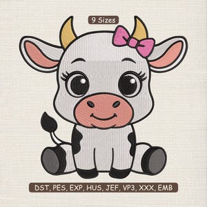 May include: A cartoon cow illustration with a pink bow, large eyes, and black spots. The image includes the text "9 Sizes" and file type abbreviations.