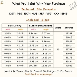 May include: A cream-colored graphic with text detailing included file formats and sizes in inches and centimetres. The image lists DST, PES, EXP, HUS, JEF, VP3, XXX, and EMB file formats. It also shows 10 colours and stitch counts.