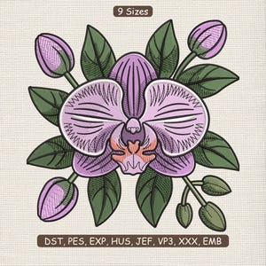 Op de afbeelding: Een geborduurd ontwerp van een paarse orchidee bloem met groene bladeren en knoppen. Het ontwerp bevat de tekst "9 Maten" en bestandstype afkortingen. De orchidee heeft gedetailleerde steken en een realistische uitstraling.