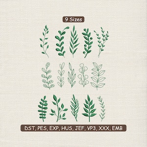 May include: An image featuring nine different green leaf and branch designs. The text "9 Sizes" is at the top, and the text "DST, PES, EXP, HUS, JEF, VP3, XXX, EMB" is at the bottom. The designs are on a beige textured background.