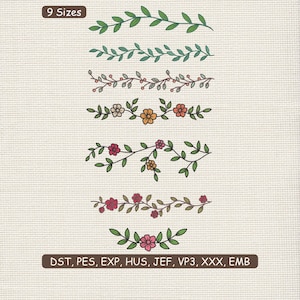 May include: A digital design showcasing nine floral and leaf border options. The borders feature green leaves, berries, and flowers in pink, orange, and white. The text "9 Sizes" and file type information are also included in the design.