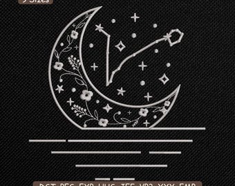 Pisces Constellation Embroidery Design, Zodiac Moon Stars Machine Embroidery File – DST PES JEF, 9 Sizes
