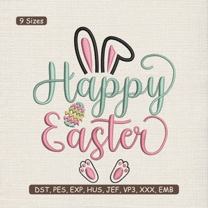 Può includere: Un design ricamato digitalmente con le parole "Happy Easter" in un carattere script, con orecchie di coniglio, un uovo di Pasqua e impronte di zampe di coniglio. Il design include il testo "9 Sizes" e formati di file di ricamo.