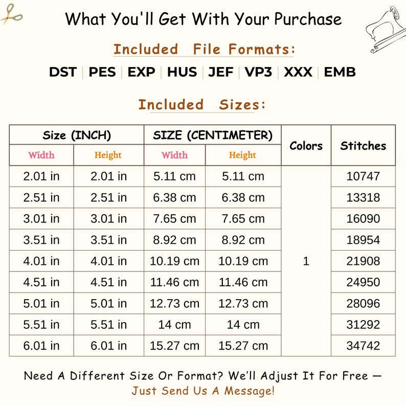 May include: A cream-colored graphic with text detailing included file formats and sizes for a digital embroidery design. Sizes range from 2.01 inches to 6.01 inches in width and height. The image includes a list of file formats.