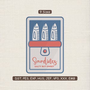 May include: An illustration of a sardine can with three fish inside. The can is blue and white with a red pull tab. The word "Sardines" is written in a cursive font, with "Salty but Sweet" below. The image also includes "9 Sizes" and file type abbreviations.