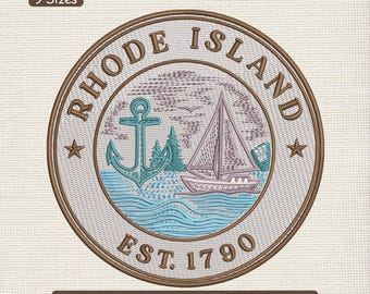 May include: Embroidered patch featuring a nautical design with the words "Rhode Island" and "Est. 1790". The design includes a sailboat, anchor, and trees, with a brown border and star accents. The patch is available in 9 sizes.