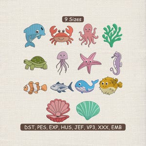Sea Animals Bundle Embroidery Design | Fish embroidery file | Octopus Embroidery Design | Starfish, Jellyfish Embroidery Patch | Turtle PES