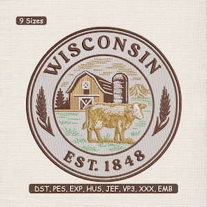 Könnte beinhalten: Gestickter Aufnäher mit rundem Design. Der Text "WISCONSIN" ist oben und "EST. 1848" unten angeordnet. Das Design zeigt eine Scheune, einen Silo, eine Kuh und Weizenähren. Erhältlich in 9 Größen.