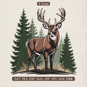 May include: An embroidered design featuring a majestic buck with large antlers, set against a backdrop of evergreen trees. The buck is brown and white, standing in a grassy area. The text "9 Sizes" is at the top.