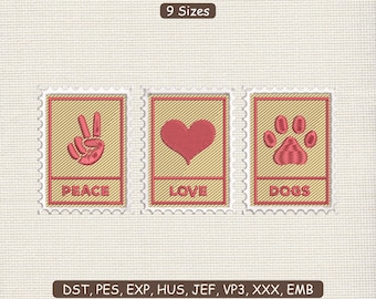 Dog Lover Embroidery Design : Peace Love Dogs Animal Lover Machine File DST PES | 9 Sizes | Instant Download