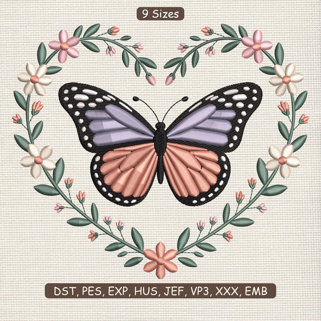 Butterfly Floral Heart Embroidery Design, Romantic Spring Garden ...