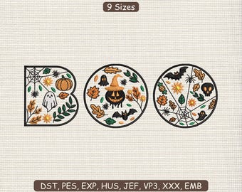 9 Sizes BOO Machine Embroidery Design | Spooky Halloween Letters with Bat Skull Pumpkin Spider | Witch Halloween Boo PES DST Exp File