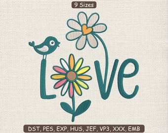 Love Embroidery Design | Cute Bird Floral Embroidery Machine File, Cute Embroidery Design  with flower and bird Patch | DST PES File 9 Sizes