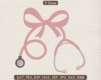 Nurse Stethoscope Bow Embroidery Design : Coquette Doctor Machine File DST PES | 9 Sizes | Instant Download