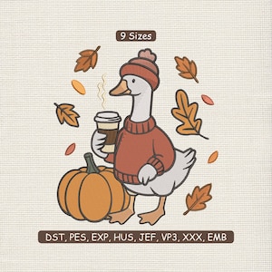 Fall Goose Embroidery File, Autumn Goose Embroidery Design File, Pumpkin Coffee Fall Leaves Embroidery File, Fall Season Stitch DST PES